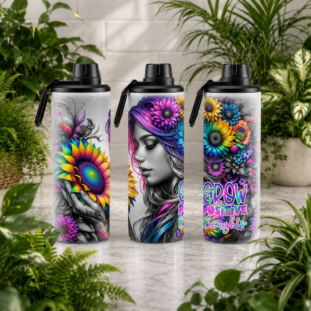 Three colorful water bottles with artistic designs on a wooden surface surrounded by plants.