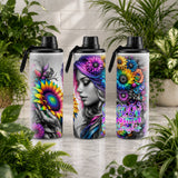 Three colorful water bottles with artistic designs on a wooden surface surrounded by plants.