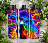 Three colorful water bottles with floral and silhouette designs on a wooden surface.