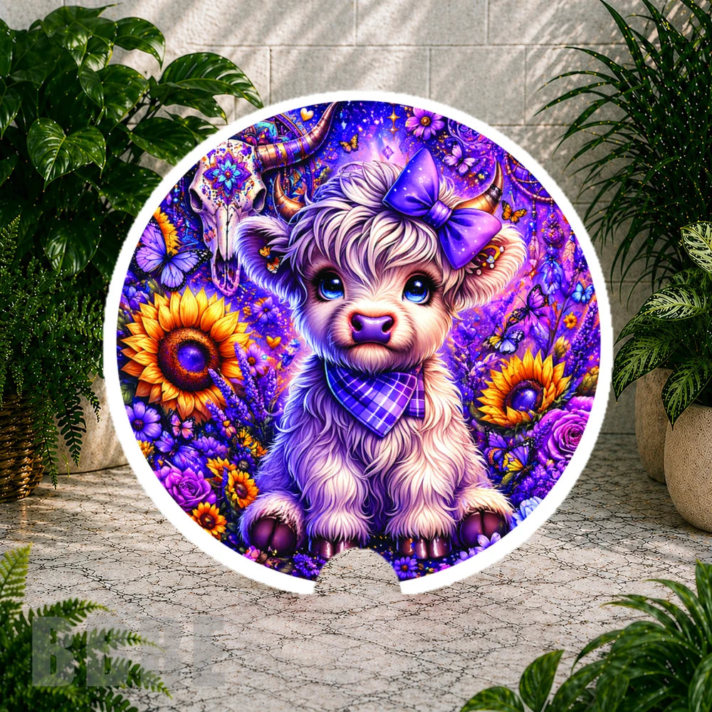 Circular coaster with a colorful design of a cow with a bow, flowers, and butterflies on a stone floor.
