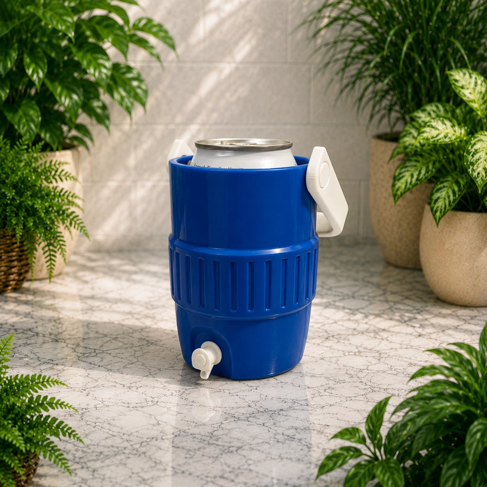 Blue cooler with a can of beer on a marble surface surrounded by plants