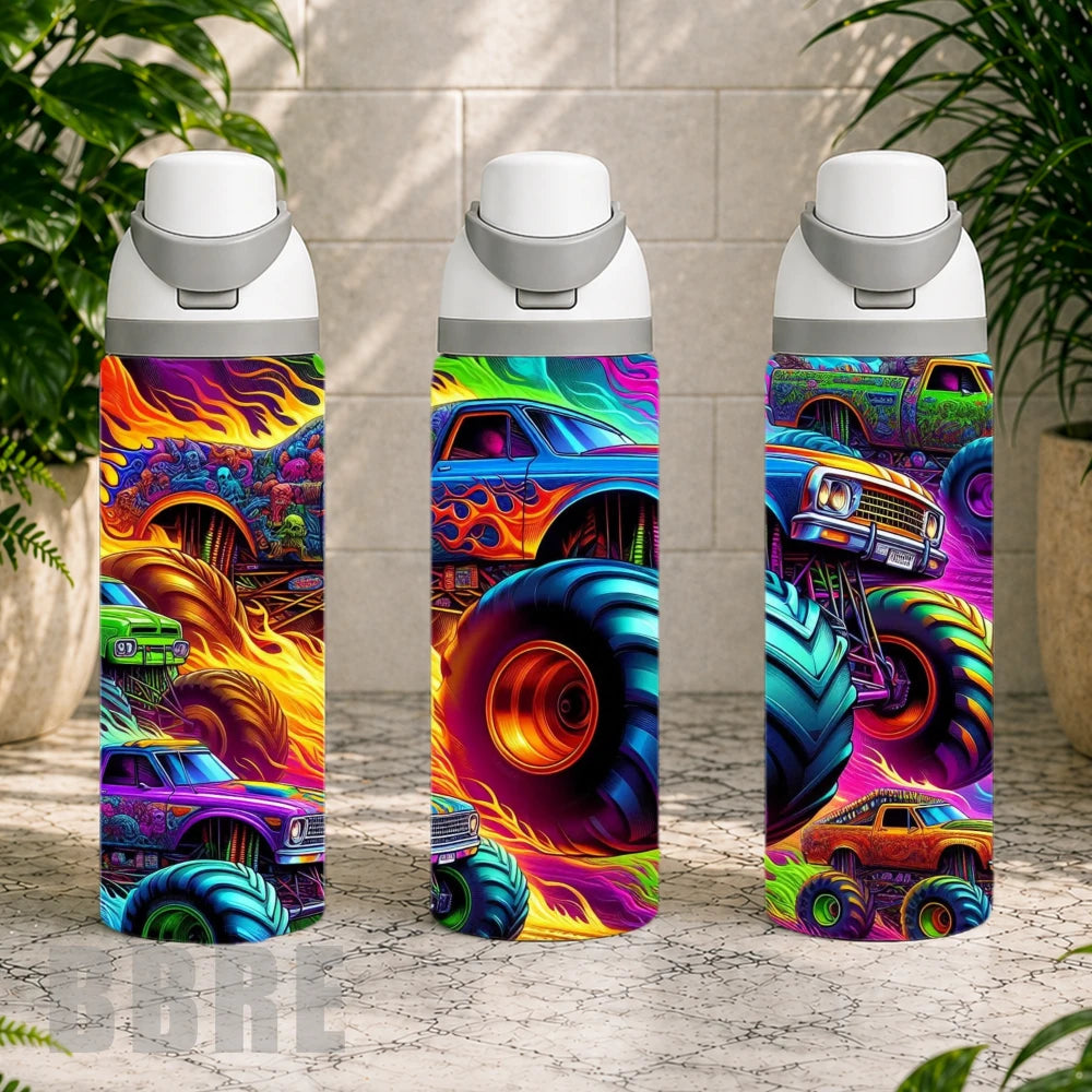 Three colorful water bottles with monster truck designs on a stone surface.