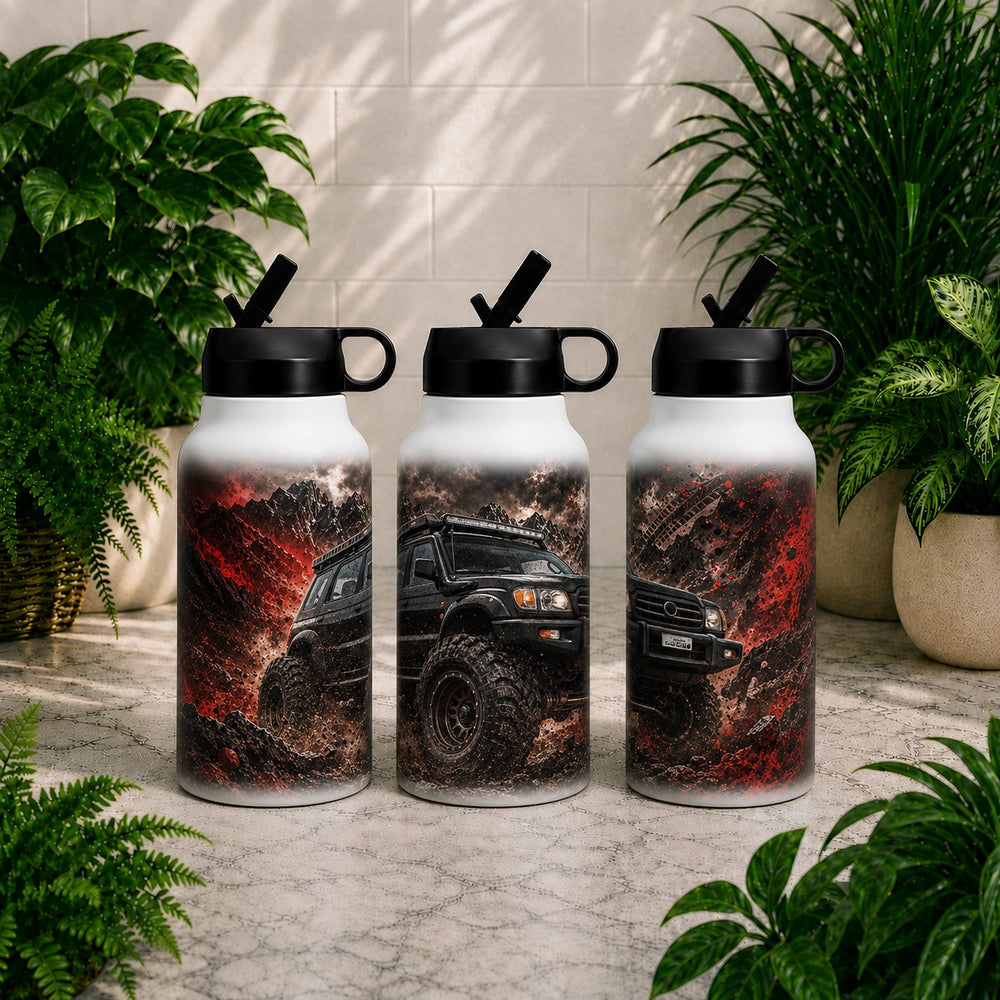 Three water bottles with off-road vehicle design on a marble surface with plants in the background