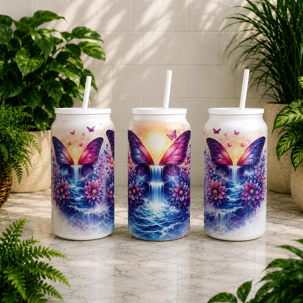 Three can-shaped tumblers with butterfly designs on a wooden surface with plants in the background.