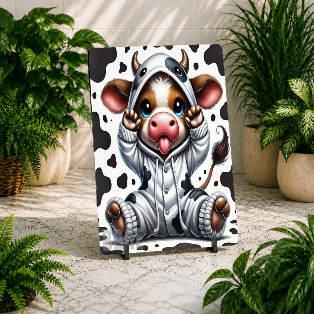 Cartoon cow in a hoodie on a decorative panel with plants in the background