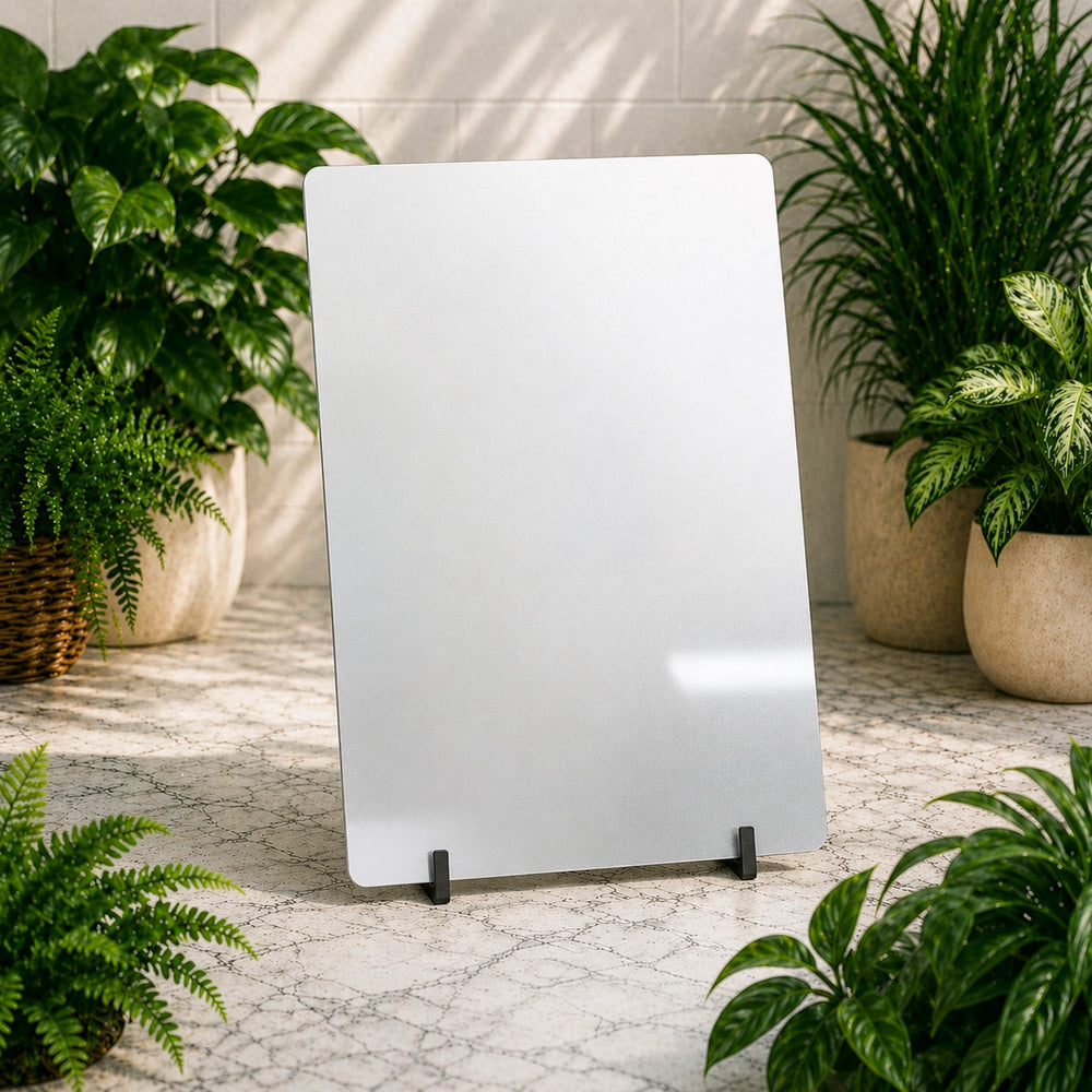 White screen on a stand surrounded by potted plants