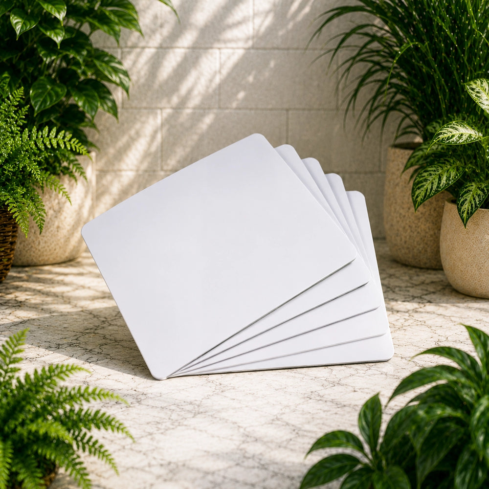 Stack of white mousepads on a textured surface with plants in the background