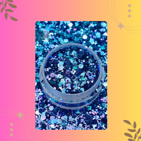 Jar of blue glitter on a colorful background