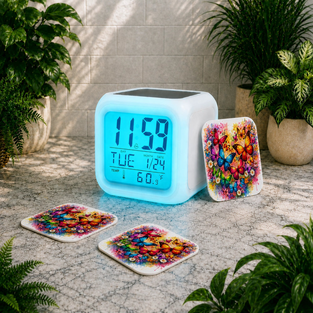 Digital clock with colorful butterfly design on a stone surface surrounded by plants
