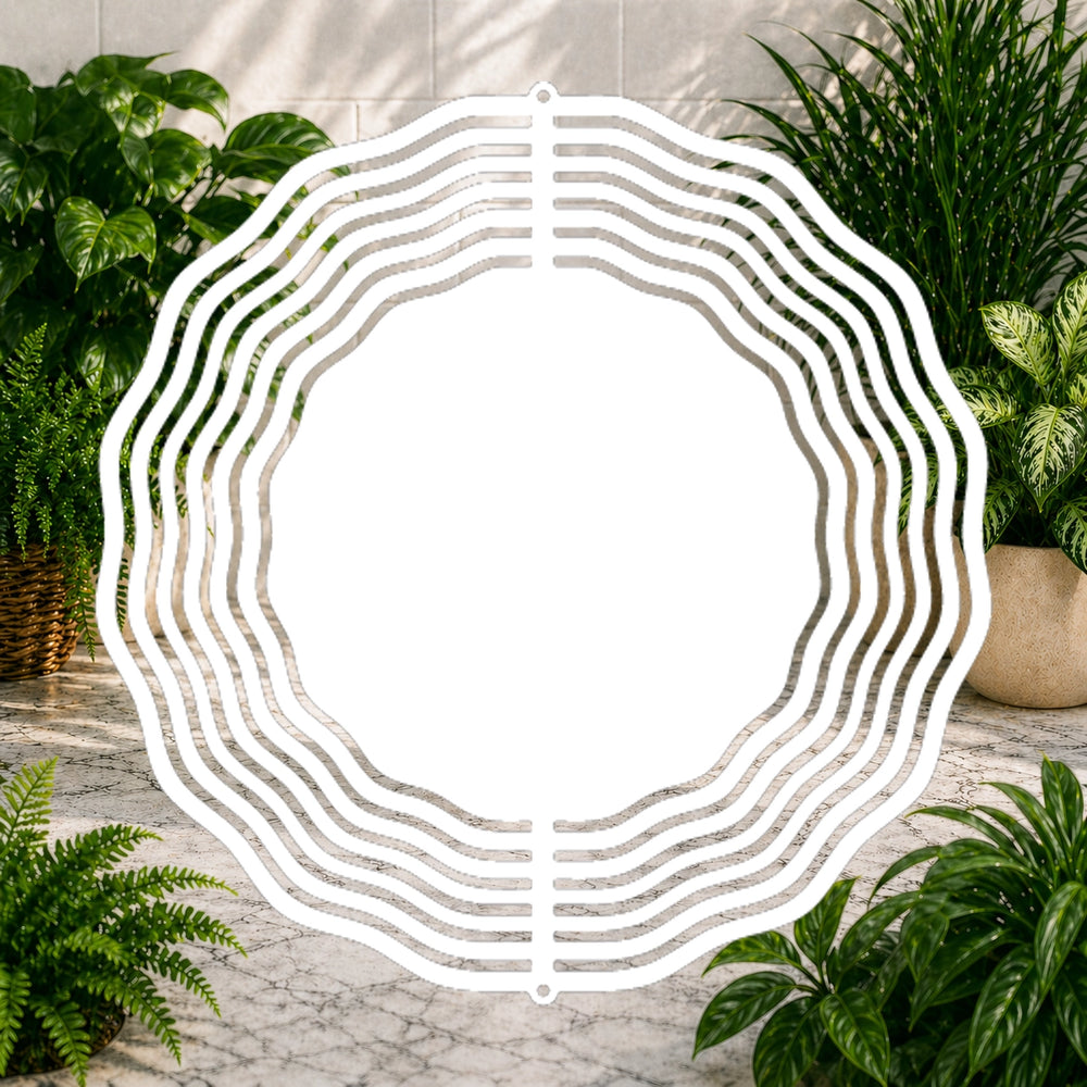 Decorative white metal screen with plants in the background