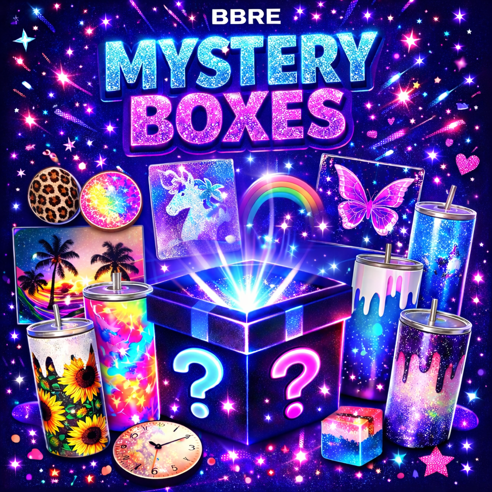 Promotional image for BBRE Mystery Boxes with colorful items and glowing effects.