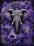 A purple-toned artwork featuring a central elephant head with ornate silver detailing, surrounded by floral and mandala-like patterns in shades of lavender, violet, and dark purple.