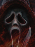 A close-up artwork of the Ghostface mask from Scream, rendered in dark charcoal gray with red and black smoke-like textures around it.
