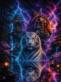 A vivid fantasy artwork showing two large cats, one white tiger in the foreground and one orange tiger behind it, set in a neon-lit stormy landscape with lightning, waterfalls, pagoda buildings, lanterns, and strong blue and purple coloration.