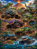 A highly detailed, colorful children's book-style illustration showing multiple dinosaur-themed monster trucks and a blue shark vehicle driving through a prehistoric landscape with a volcano, bridges, water, and dinosaurs.