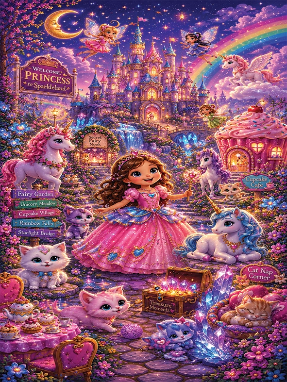 A colorful fantasy illustration featuring a young princess in a pink gown standing in a magical garden with unicorns, cats, a castle, a rainbow, and glowing treasure chests. Multiple decorative text labels are overlaid around the scene.