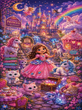 A colorful fantasy illustration featuring a young princess in a pink gown standing in a magical garden with unicorns, cats, a castle, a rainbow, and glowing treasure chests. Multiple decorative text labels are overlaid around the scene.