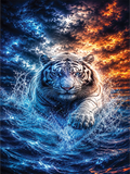 A dramatic fantasy-style artwork of a white tiger emerging from blue water, with a fiery orange and dark blue storm sky behind it.