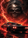 A black muscle car with glowing red headlights drives through fiery red and orange ground, while a giant dark hooded skull faces it in a dramatic storm scene with lightning.