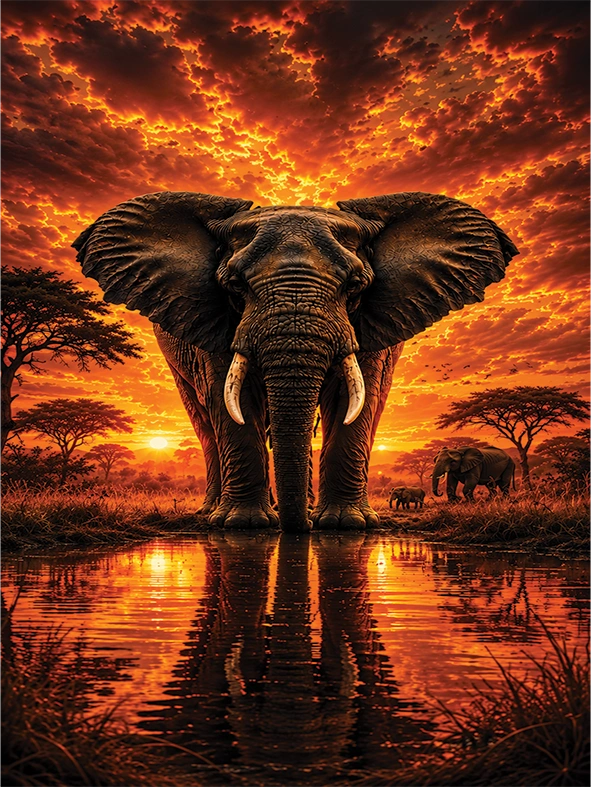 A dramatic safari scene with a large elephant standing in shallow water at sunset, with a smaller elephant and trees in the background under a fiery orange and red sky.