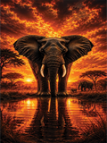 A dramatic safari scene with a large elephant standing in shallow water at sunset, with a smaller elephant and trees in the background under a fiery orange and red sky.