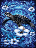 A vibrant blue and black graphic design featuring a sea turtle swimming amidst white hibiscus flowers, glowing blue waves, and a mandala motif in the background.