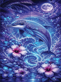 A vibrant fantasy artwork of a dolphin swimming underwater in a glowing blue ocean, surrounded by luminous waves, tropical flowers, bubbles, and a full moon.