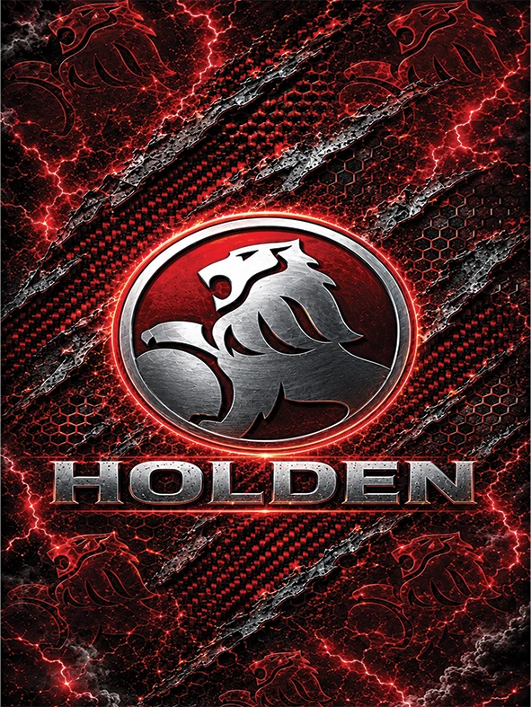 A stylized Holden logo graphic with a silver lion emblem inside a red circular badge, centered on a dark textured background with red electric crackle effects and the word HOLDEN below.
