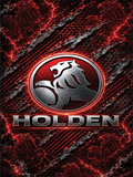 A stylized Holden logo graphic with a silver lion emblem inside a red circular badge, centered on a dark textured background with red electric crackle effects and the word HOLDEN below.