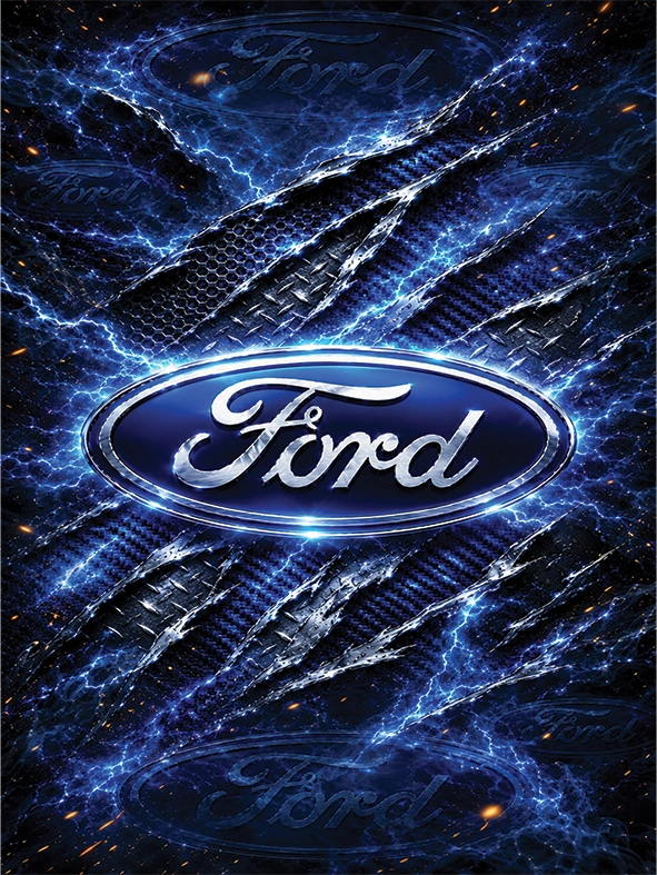 A Ford logo centered over a dramatic dark blue and black textured background with electric lightning effects and repeated Ford branding.