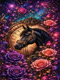 Fantasy artwork of a black horse wearing ornate gold bridle gear, surrounded by large pink and purple roses, musical notes, and a glowing cosmic background with purple, blue, and gold tones.