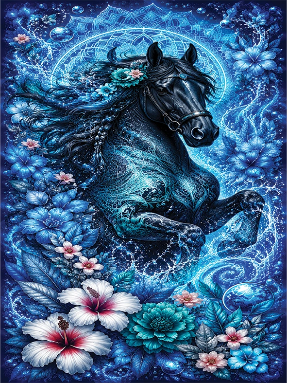 A vibrant digital illustration of a rearing black horse surrounded by blue flowers, tropical hibiscus, and swirling water patterns, set against a dark blue celestial background with a mandala design.
