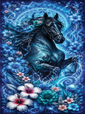 A vibrant digital illustration of a rearing black horse surrounded by blue flowers, tropical hibiscus, and swirling water patterns, set against a dark blue celestial background with a mandala design.