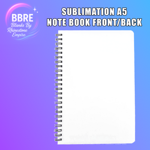 Spiral-bound notebook with 'BBRE Blanks By Rhinestone Empire' branding on a gradient purple background.