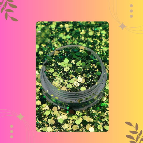 Jar of green glitter on a colorful background