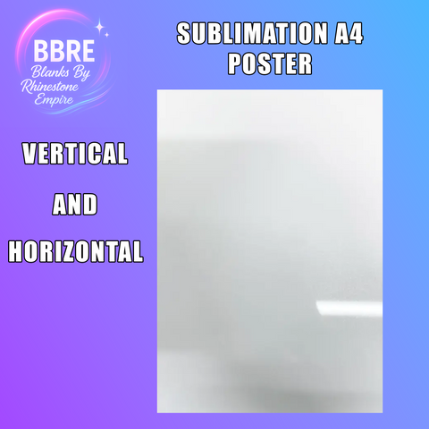 Sublimation A4 poster with BBRE Blanks By Rhinestone Empire branding on a purple background.