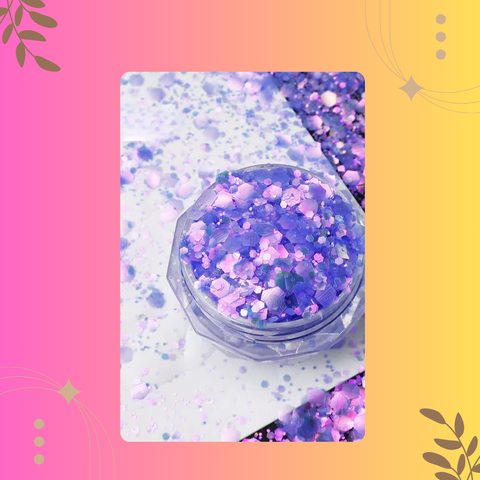 Jar of purple glitter on a colorful background
