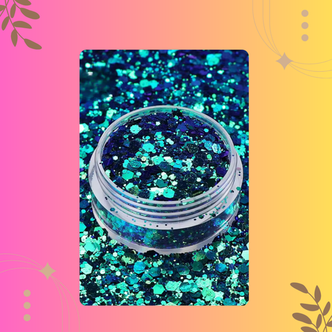 Jar of blue and green glitter on a colorful background