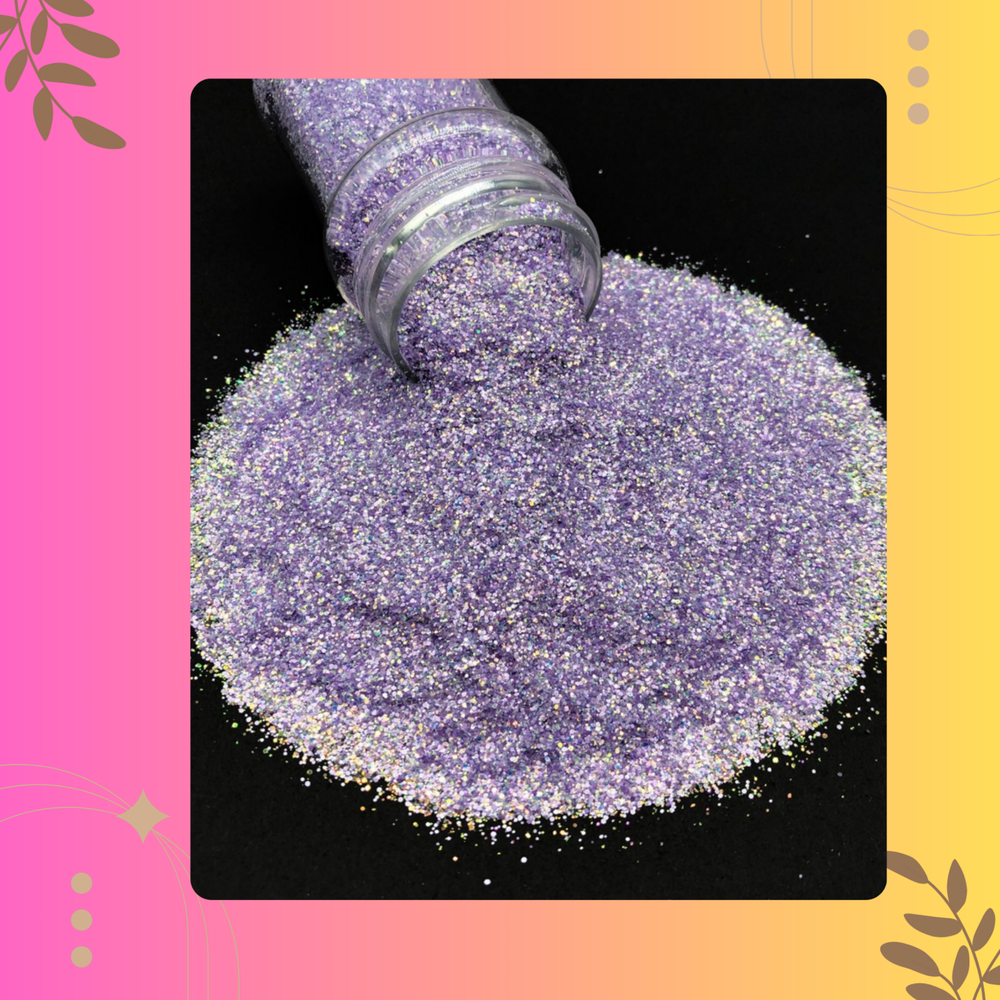 Purple glitter spilling out of a bottle on a black background with decorative elements.