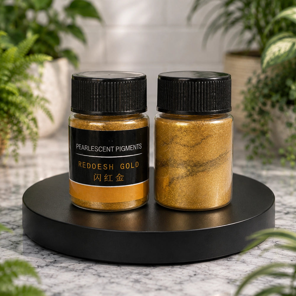 Two jars of pearlescent pigments on a black stand with plants in the background