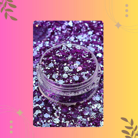 Purple glitter in a clear container on a colorful background