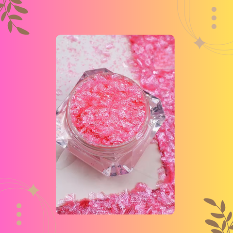 Pink glittery powder in a clear container on a colorful background