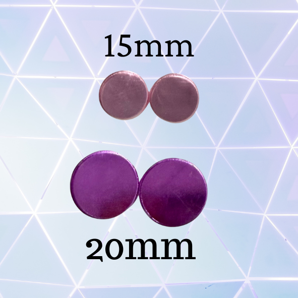 Purple circular objects with labeled sizes on a geometric patterned background