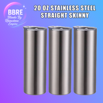 Three stainless steel tumblers with text indicating size and brand on a gradient background