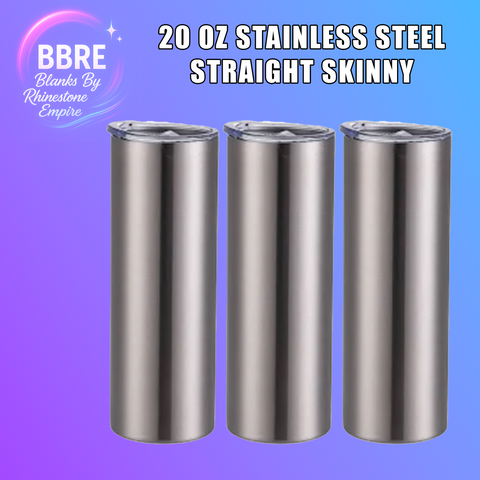 Three stainless steel tumblers with text indicating size and brand on a gradient background