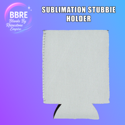 White sublimation stubbie holder on a blue background with BBRE branding.