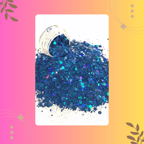 Blue glitter spilling out of a white container on a colorful background