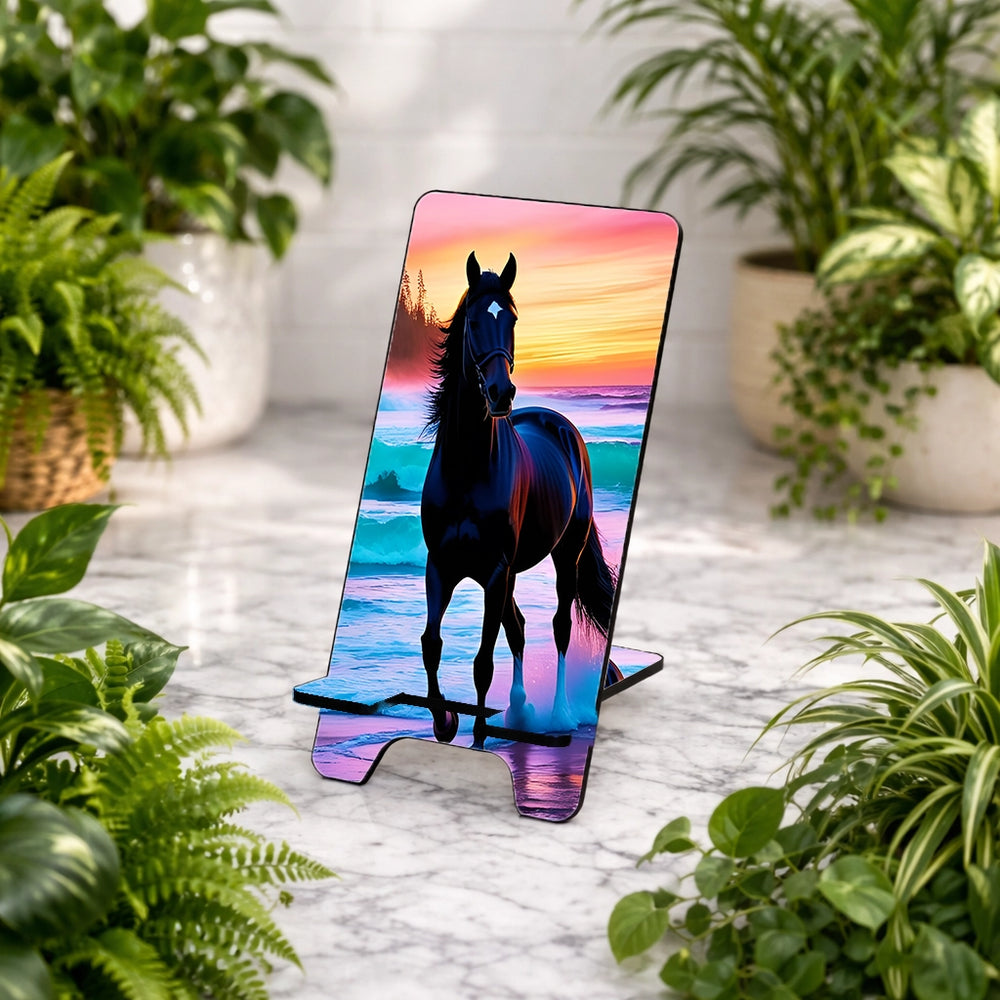 Phone stand with horse design on a marble surface surrounded by plants