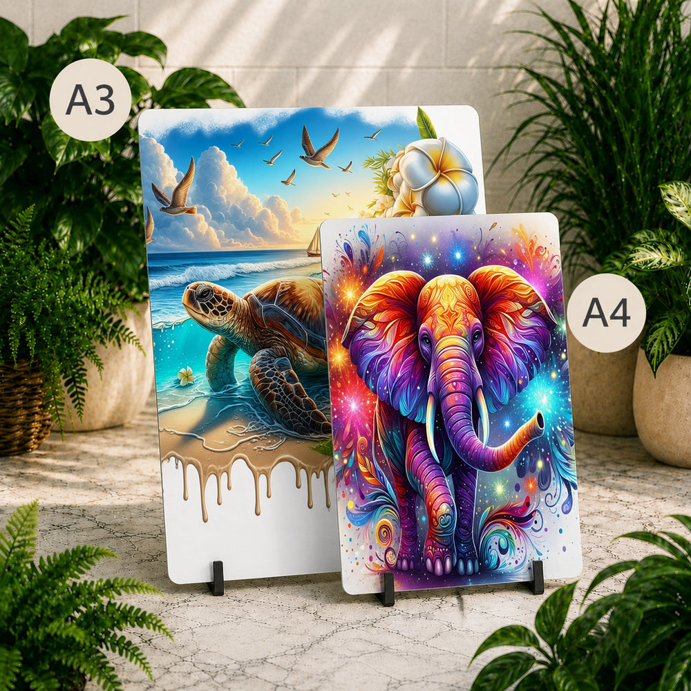 Two decorative panels with artistic designs of an elephant and a turtle on a marble surface with plants around.