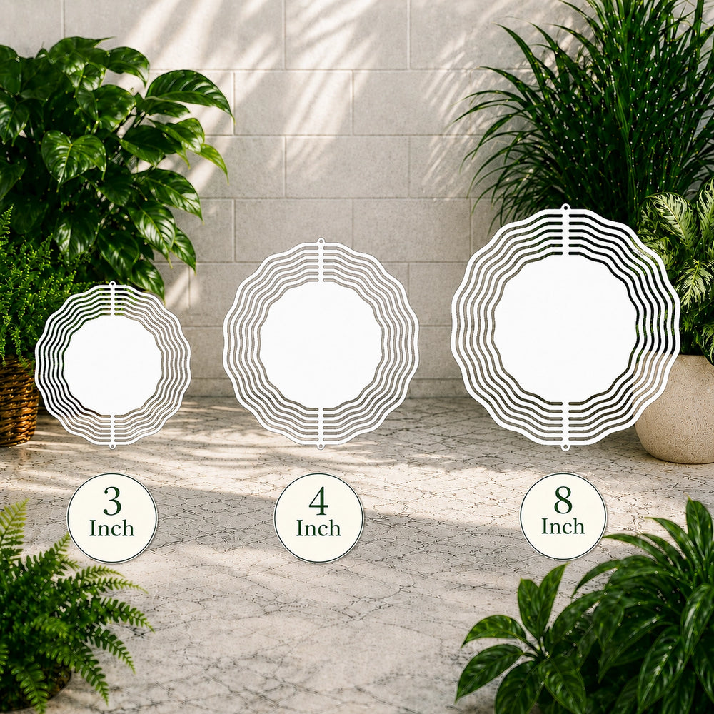 Three circular planters of different sizes with plant pots on a stone surface.